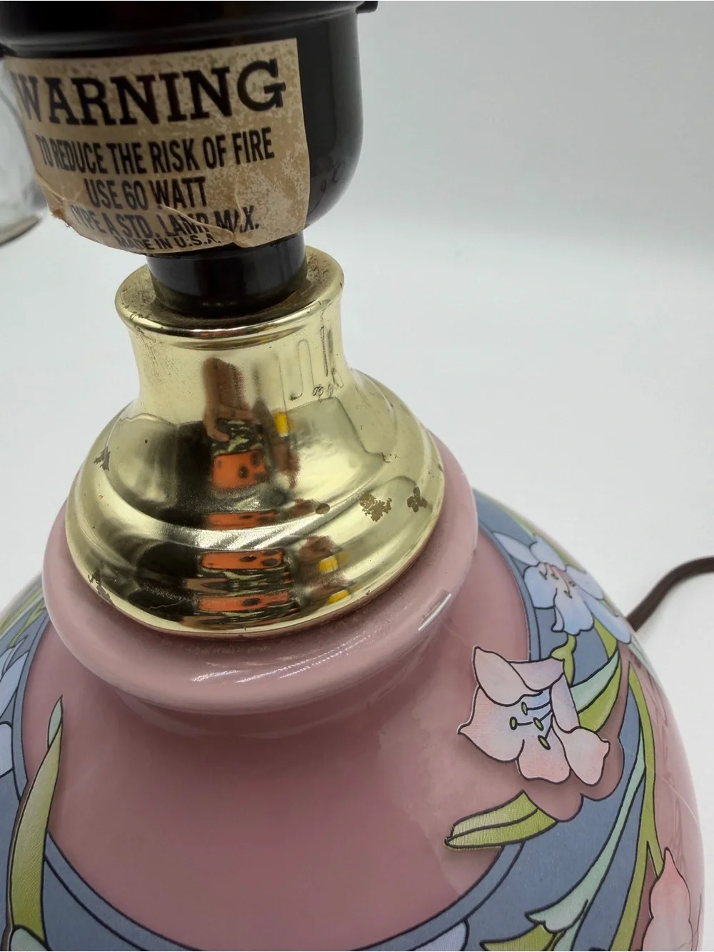 Vintage Kaadan Ltd Electric Table  Lamp Pink with Pink & Blue Lilies 10
